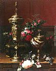 A Still Life With A German Cup, A Nautilus Cup, A Goblet An Cut Flowers On A Table by Jean-Baptiste Robie